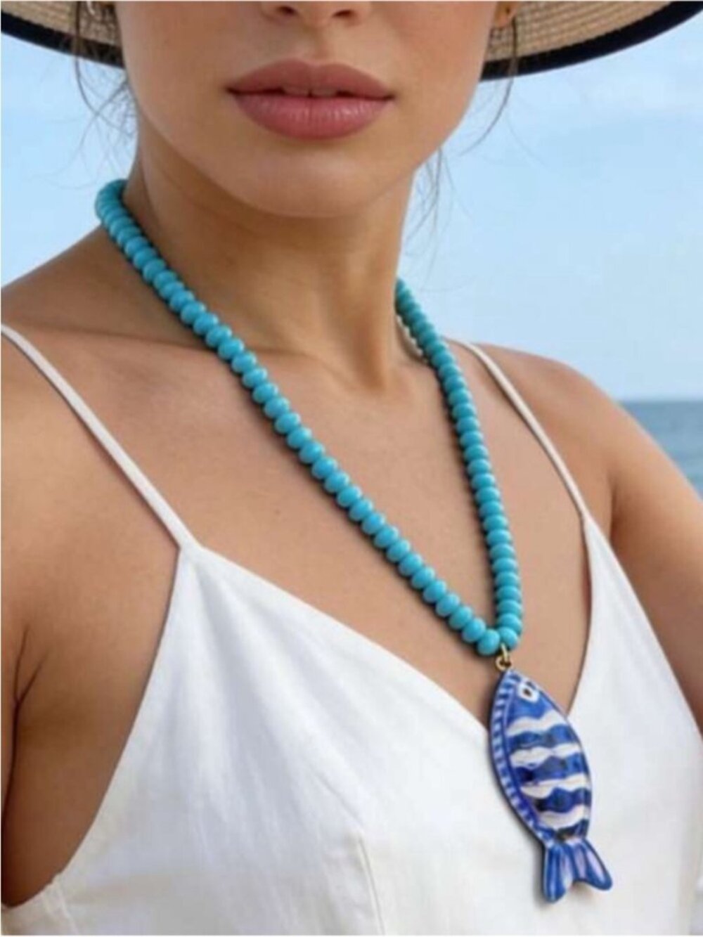 New! Coastal Blue Fish Beaded Necklace NWOT